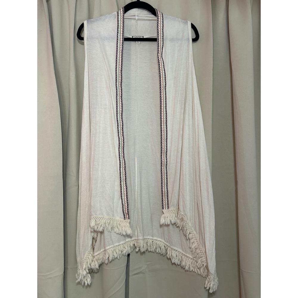 Eyeshadow Vest 1X Cream Boho Embroidered Fringe Open Front Layering Cardigan